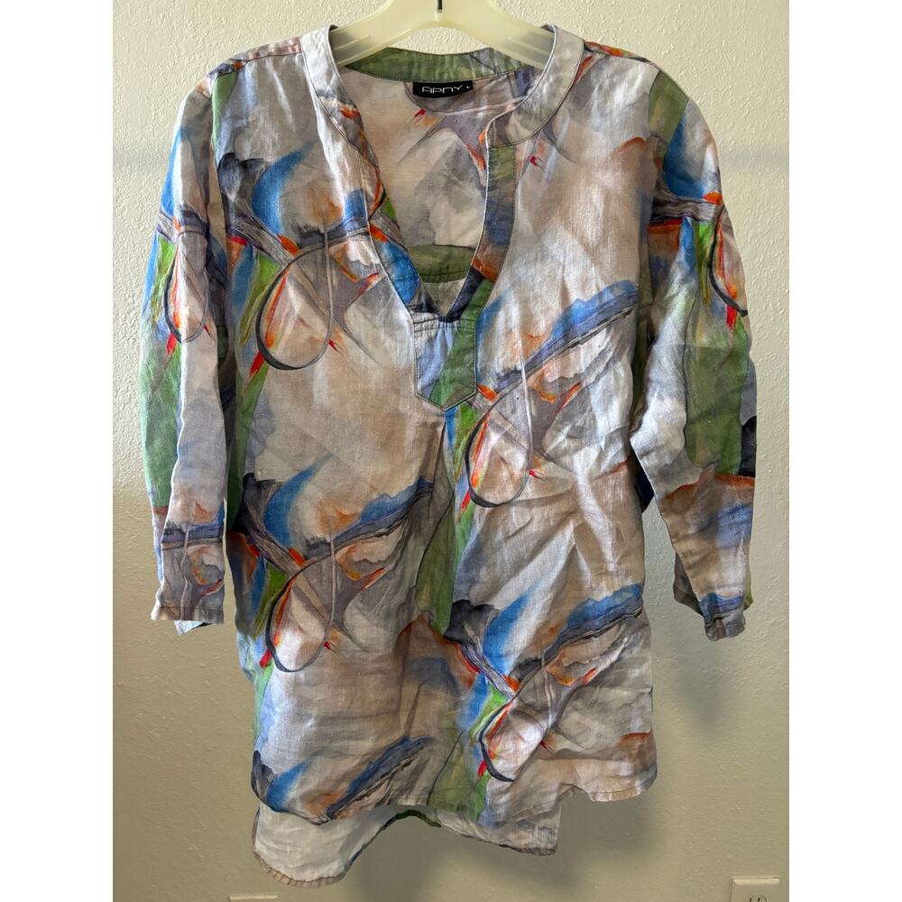 AP.NY Linen Top Blouse Womens Size Large Coastal Boho 3/4 Sleeve Vacation Cruise